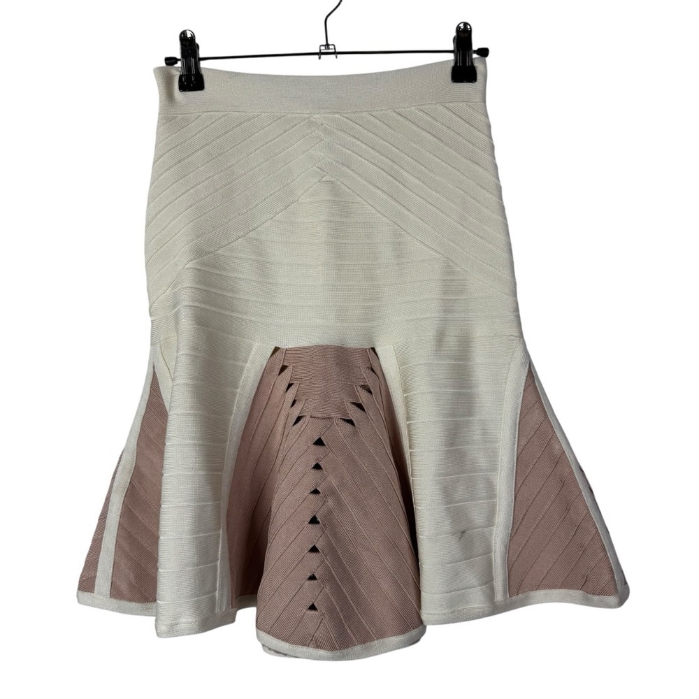 Herve Leger Sabine Flounce White & Pink Knit Mini Skirt S